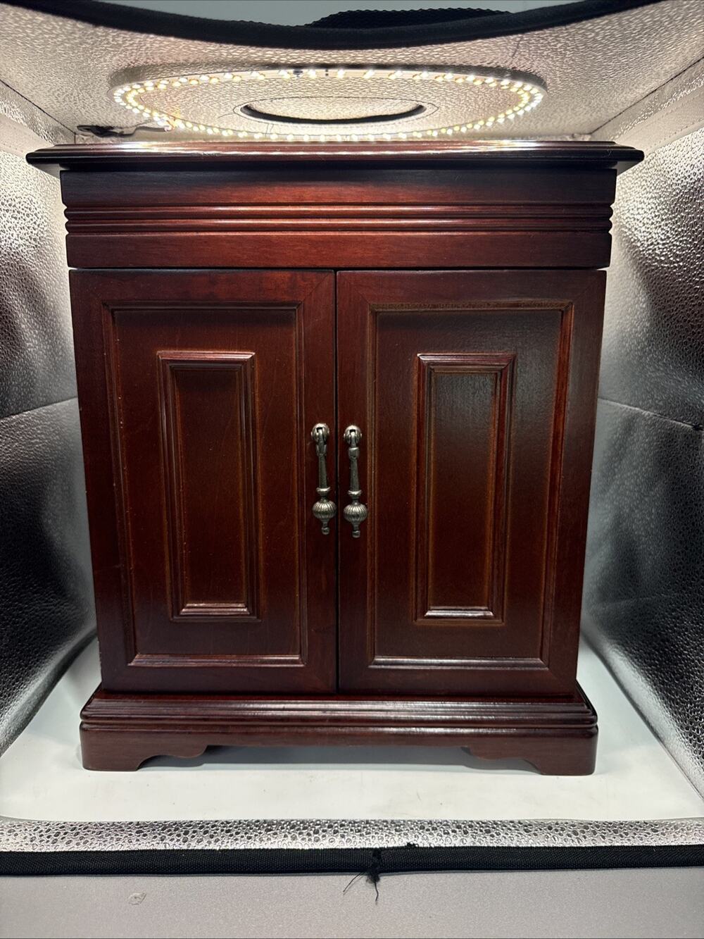 Large Wooden Jewelry Box: Mirrored Lid, Necklace Carousel, Ring Tray *